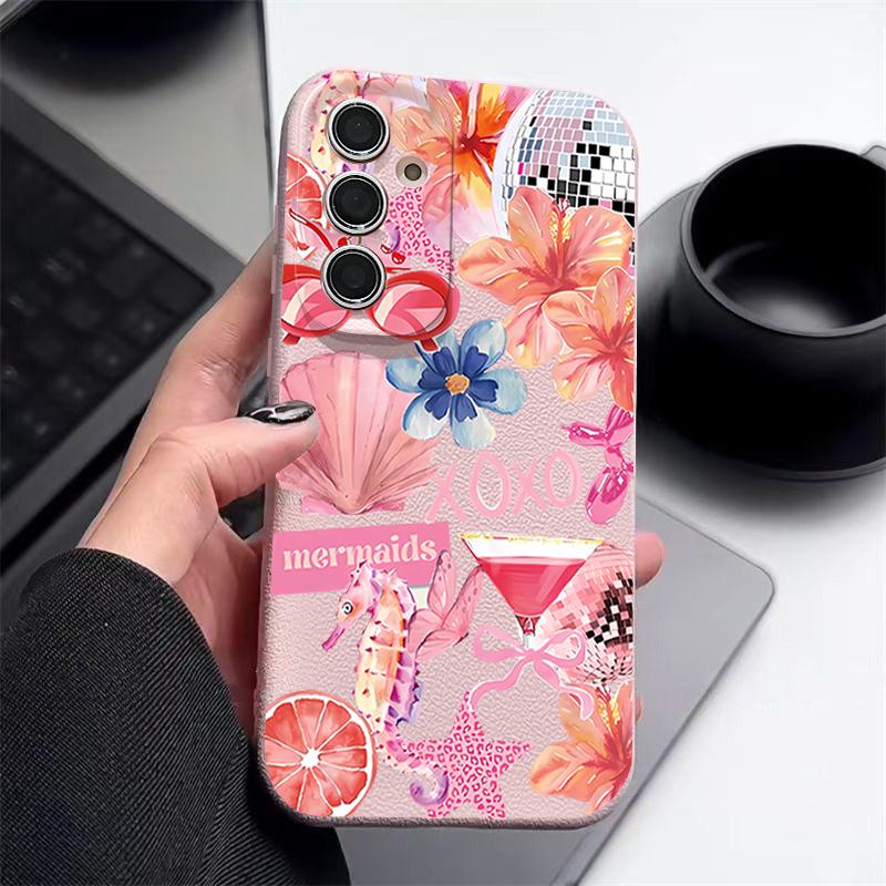 Pink Cartoon Pattern Floral Case For Samsung Galaxy A57 A56 A55 A54 5G A37 A36 A35 A34 A17 A16 A15 A14 Leather Texture Silicone Cover