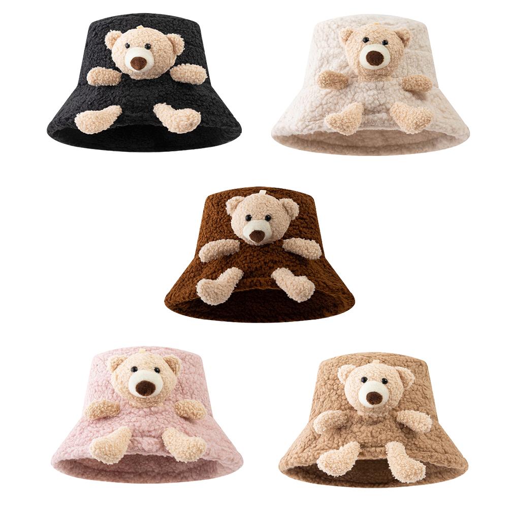 Women Winter Bucket Hat Cute Bear Plush Warm Hat Thick Fisherman  Casual Outdoor Sunscreen Sun