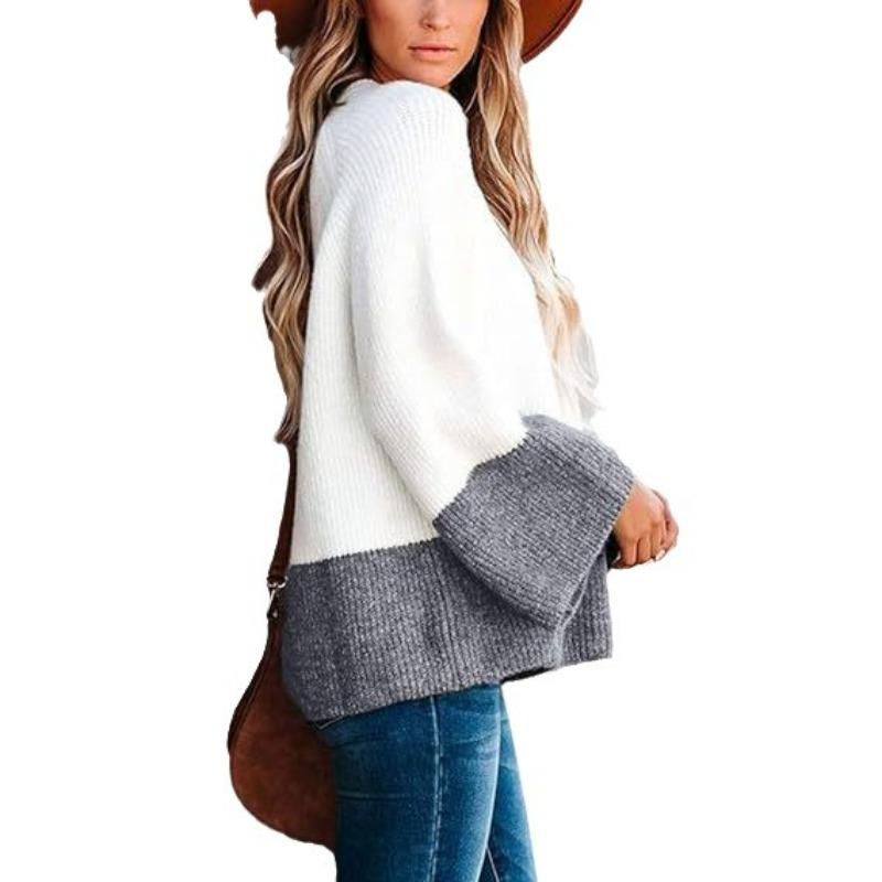 Temperament Pullover Splicing Gray-white Lazy Style High-end Design Sense Long-sleeved Top Knitted Sweater Women