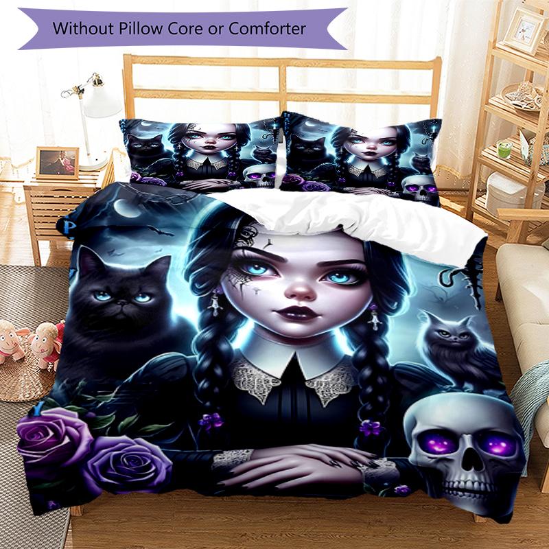 3pcs Wednesday Addams Pattern Bedding Set Duvet Cover Set Includes Duvet Cover &pillowcases, Perfect All Season Bedroom Decoration & Gift
