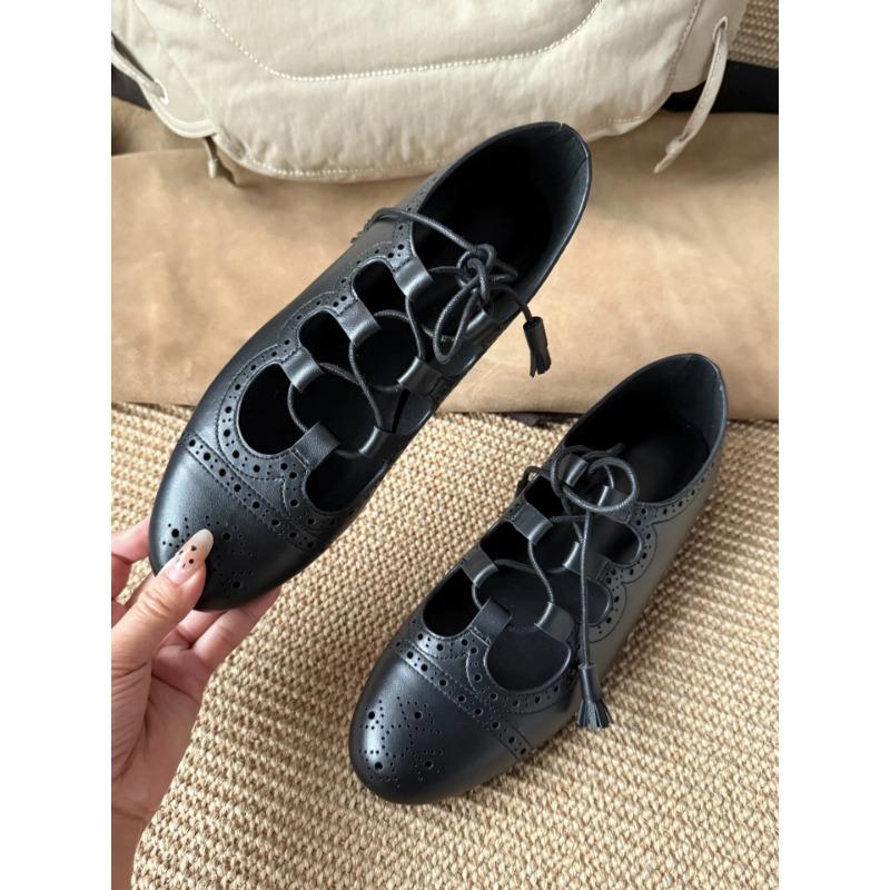 Hollow Carved Ballet Single Shoes Women's Brock Flat Casual Small Leather Shoes White Straps Mary Jane Shoes