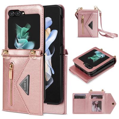 For Samsung Galaxy Z Flip 5 Z Flip 4 Z Flip 3 5G Case Luxury Card Slot Holder Crossbody Lanyard Case Fashion Zipper Leather Back Cover Carcasa