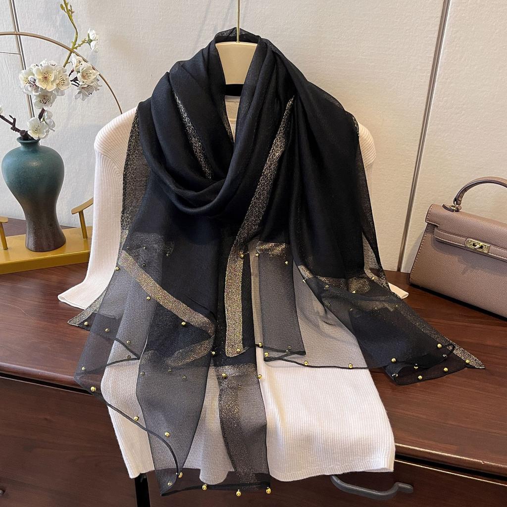 New Spring and Summer Thin Gold-edged Beaded Scarf Scarf for Women Solid Color Versatile Shawl Korean Version of Imitation Silk Long Silk Scarf