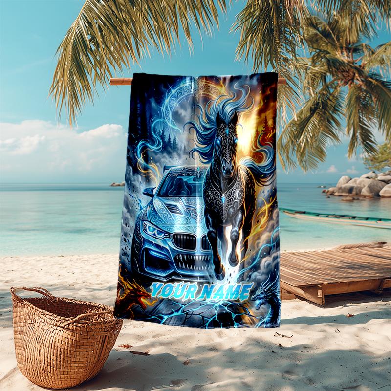 1PC Custom Name "Fantasy Horse Car Artwork" Beach Towel Highly Absorbent And Sand-Resistant Towel for Swimming, Pool, Yoga, And Travel Lightweight