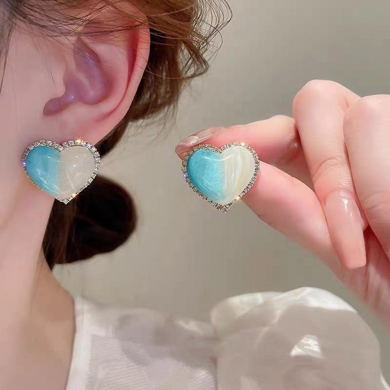 Korean Style Gradient Blue Heart Stud Earrings with S925 Silver and Rhinestones