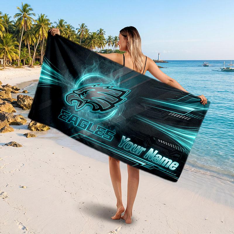 Philadelphia Eagles Customized Name Text Beach Towel, Soft Absorbent Towel Beach Pool Travel Personal Gift