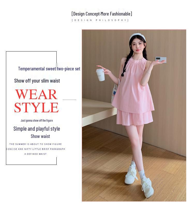 Francuski Uroczy Ciążowy Zestaw Babydoll Bez Rękawów Top i Szorty - Lato 2024