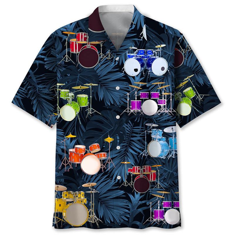 Vintage Drums Hawaiian Shirt For Men Musical Instruments Graphics Short Sleeves Shirts Street Loose
