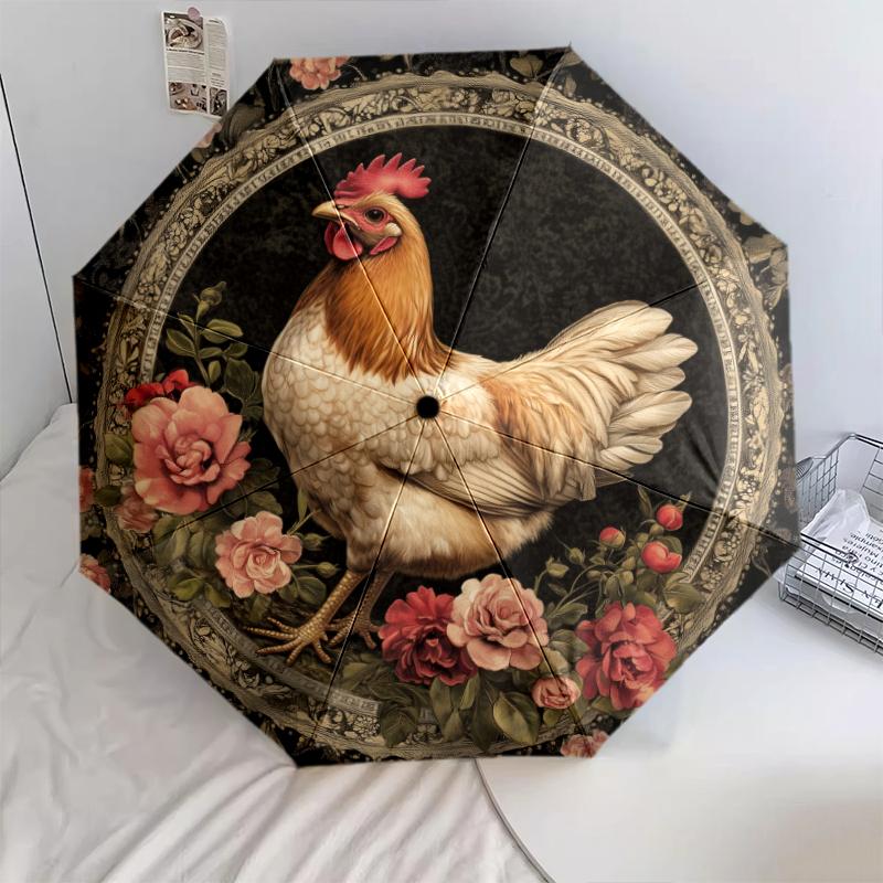 Rooster pattern, automatic folding umbrella, portable and foldable design, 8 ribs, a Christmas or birthday gift.