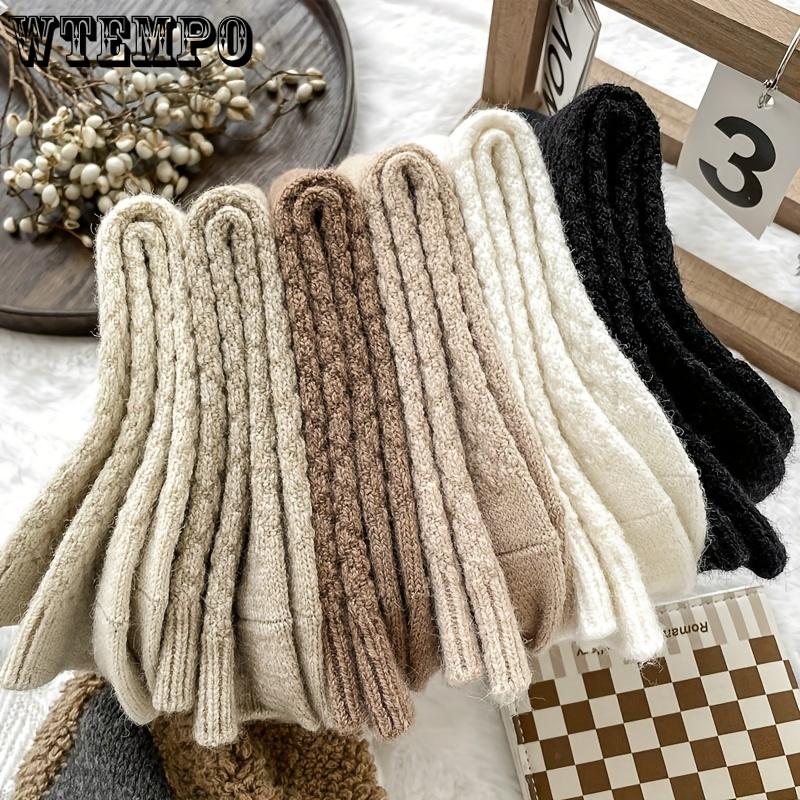6pcs Elegant Women's Plush Socks - Cozy & Warm Mid-Calf Winter Fleece, Solid Color, Soft Polyester Blend