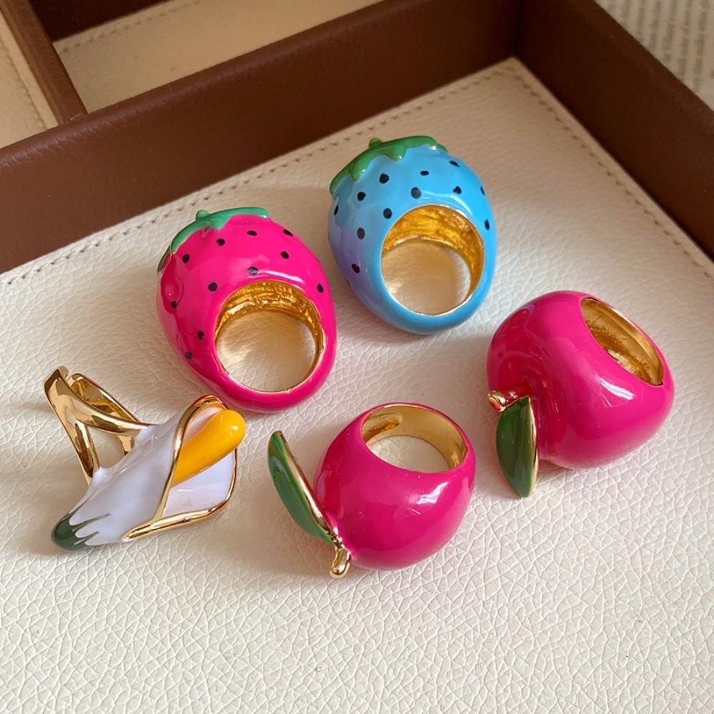 Korean Style Vintage Ring Flower Big Floral Ring Colorful Enamel Fruit Ring  Gifts for Women Girl