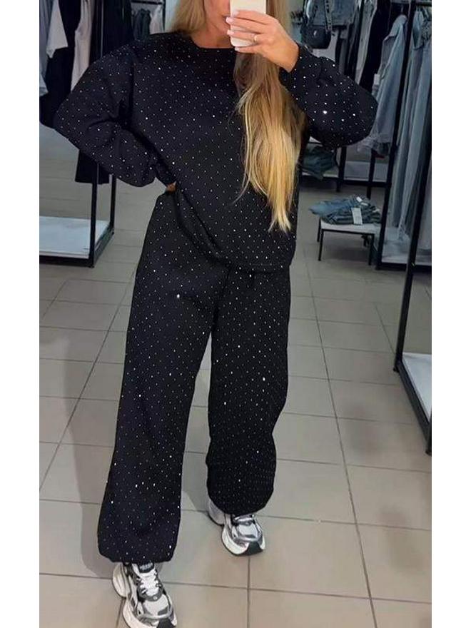 Autumn/Winter 2024 Women's Round Neck Rhinestone Hoodie & Sweatpants Set