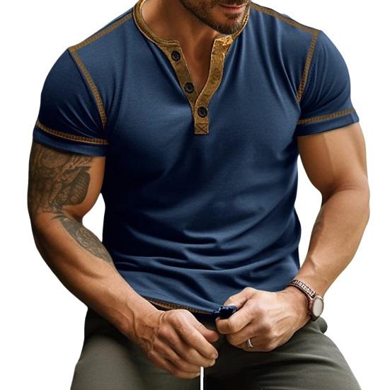 Men T-shirt Color Matching Slim Fit Button V Neck Elastic Soft Casual Pullover Short Sleeves
