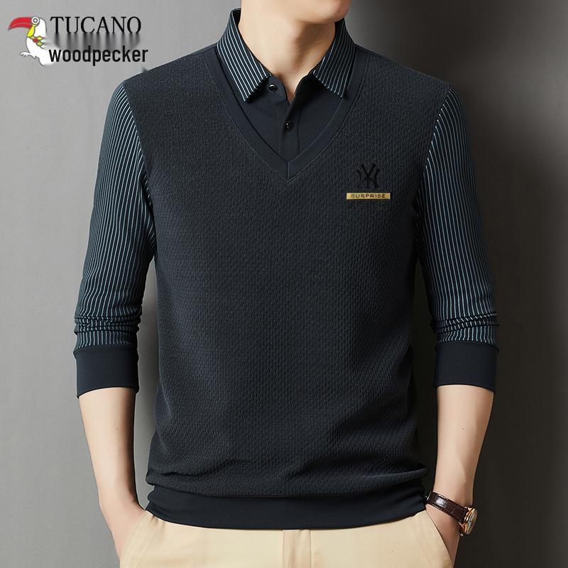 

Woodpecker Men s Fleece-Lined Knit Sweater: Long Sleeve, Middle-Aged Winter Wear, Fake Two-Piece Design for Dad 4XL for 180-200 lbs