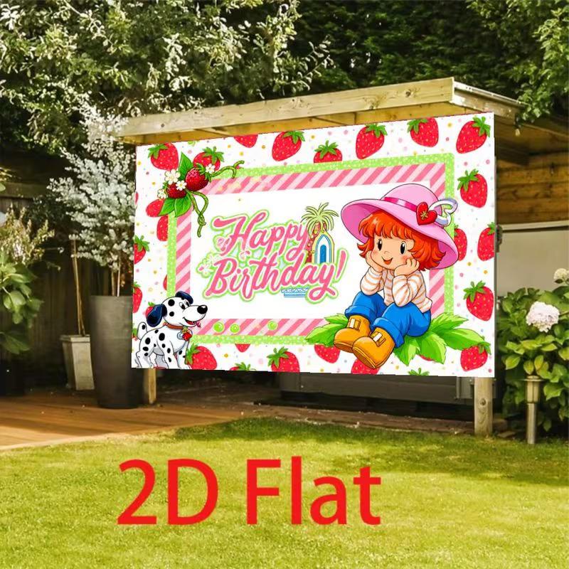 2D Cute Strawberry Girl Backdrop, Cartoon Dog & Strawberry "Happy Birthday" Photography Background for Kids