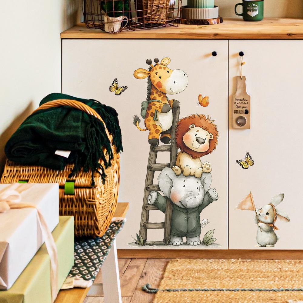 Cartoon Cute Animals Take Turns Climbing Ladders. Decorative and Beautifying Wall Stickers for Children's Rooms and Playrooms