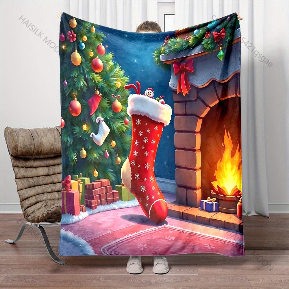 Christmas Stockings and Festive Decor Pattern Blanket Flannel Material Soft Warm for All Seasons Home Outdoor Camping Picnics RV