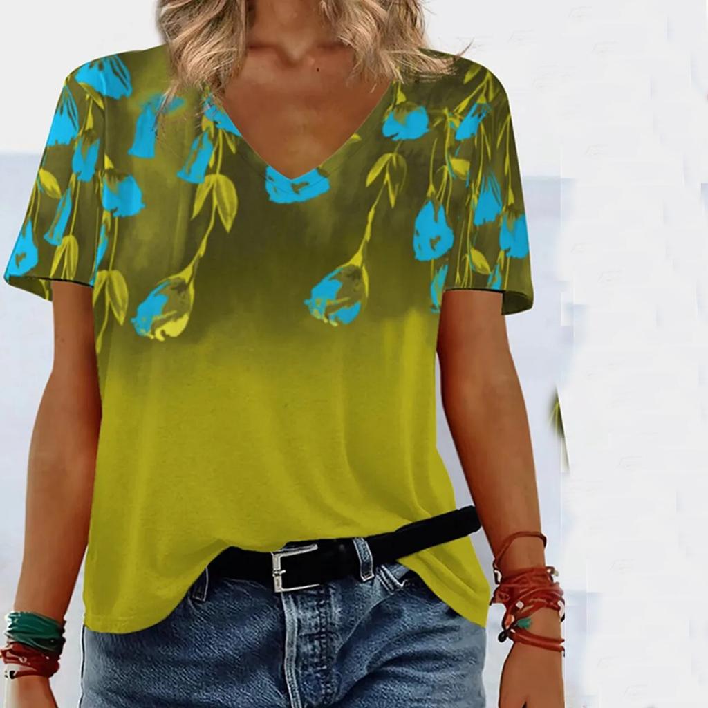 Summer V-neck 3D Gradient Printed Top Fashionable Casual Short Sleeved Women's T-shirts