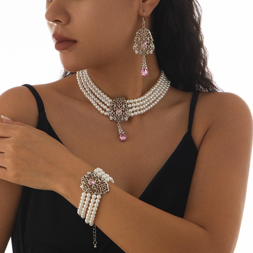Multilayer Pearl Beaded Bracelet Shiny Necklace Earring Set Temperament Bridal Jewelry Set  Lady