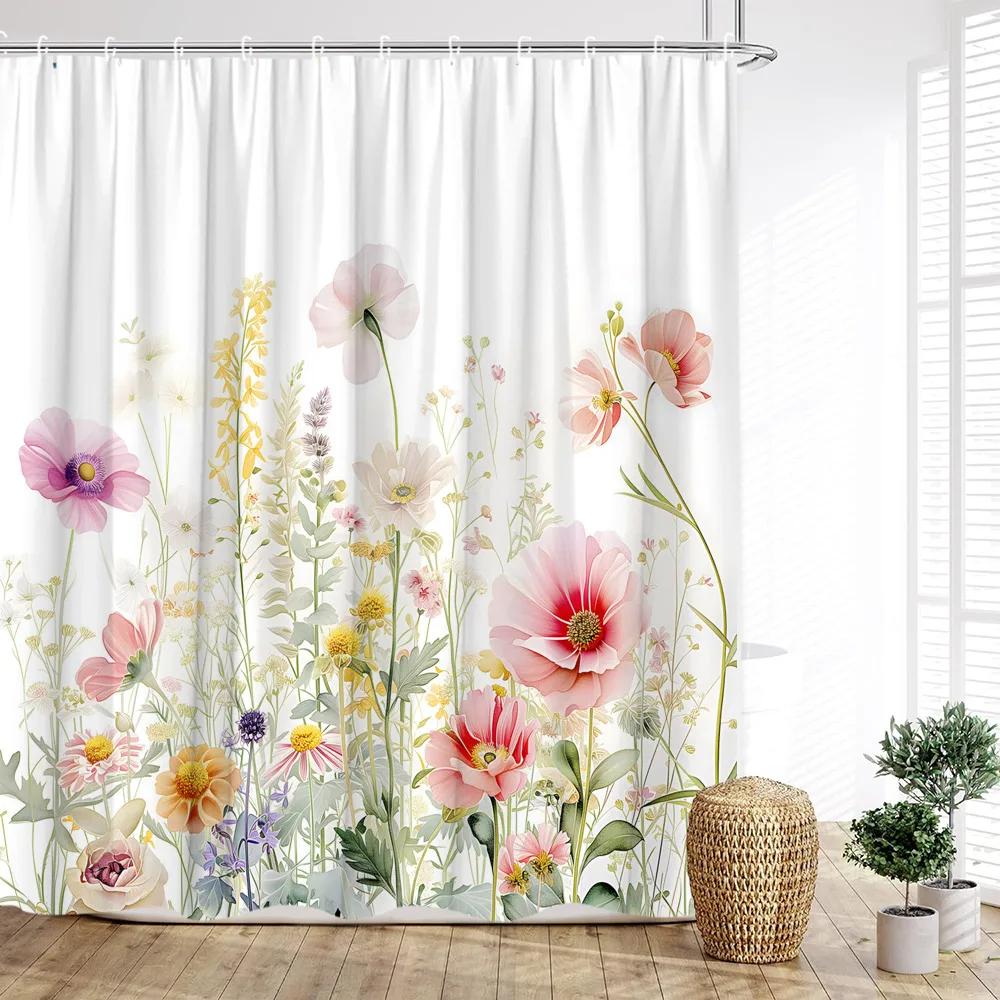 

Watercolor Flower Shower Curtain, Modern Spring Green Leaves Botanical Simple Farm Print Home Bathroom Decor with Hooks 90x180cm