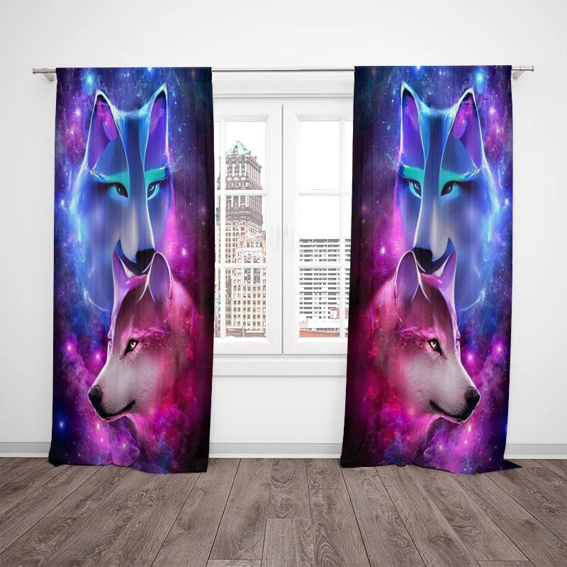 Set Of 2 Flat Curtains Polyester Material Double Wolf Print Art Design Pole Bag Bedroom Home Decoration Curtain Perfect For Sleeping Area