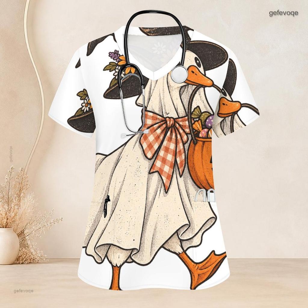 Women Plus Size V Neck Short Sleeve Scrub Top Black Cat Witch Hat Pumpkin Mushroom Halloween Print Nurse Uniform Top