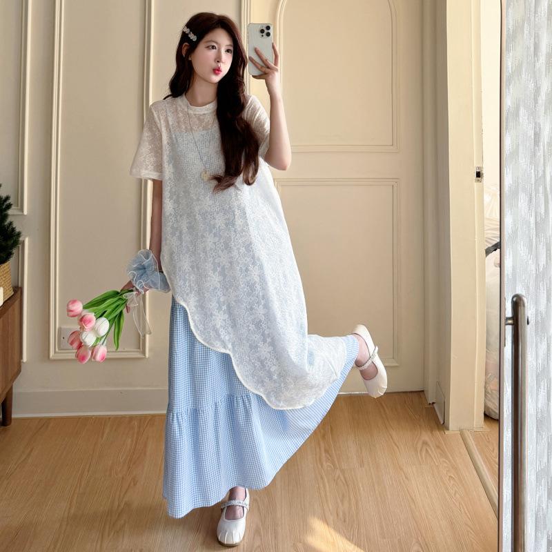2026 Korean Style Maternity Summer Two-Piece: Irregular Lace Top & Blue Plaid Skirt XL
