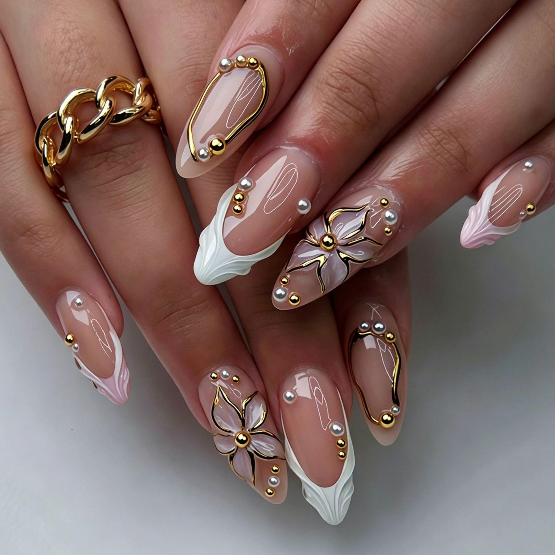 Gold-Plated Almond Shaped False Nails with 3D Cat Eye Flowers