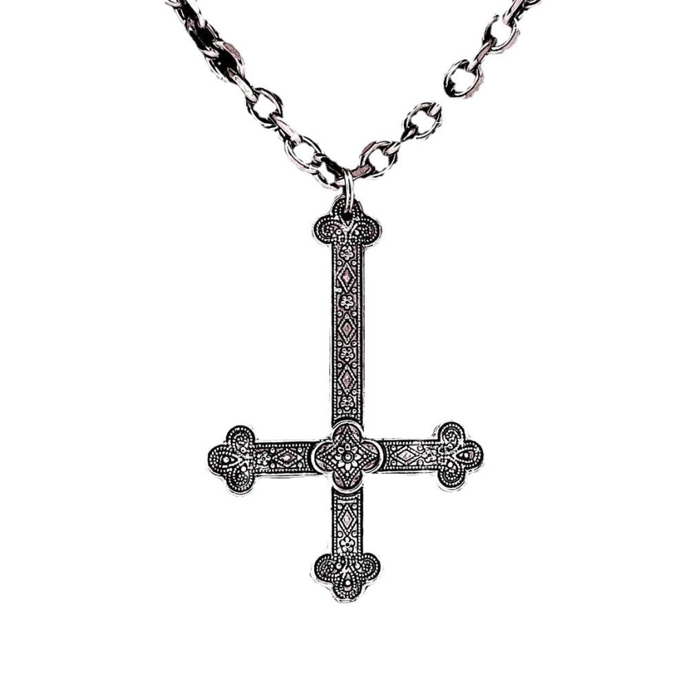 Dark Gothic Inverted Carved Flowers Cross Pendant Necklace for Men Women Hallowmas Party  Hip-hop Punk Jewelry Accessories Gifts