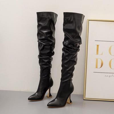 "Women's Black Wine Glass Heel Over-the-Knee Pleated Long Boots, Autumn/Winter 2024, Large Size"