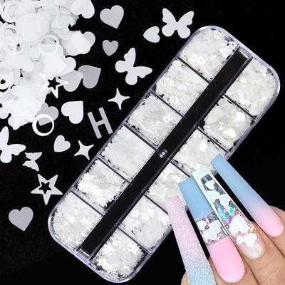 12 siatek/pudełko czysty biały cekiny do paznokci Love Heart Butterfly list płatki plastry zdobienie paznokci dekoracje