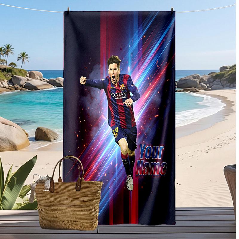 Asciugamano da Spiaggia Personalizzato Stampato Lionel Messi Logo Calcio Supporto Nome Personalizzato Testo Asciugamano Assorbente Per Sport Viaggio Regalo Speciale