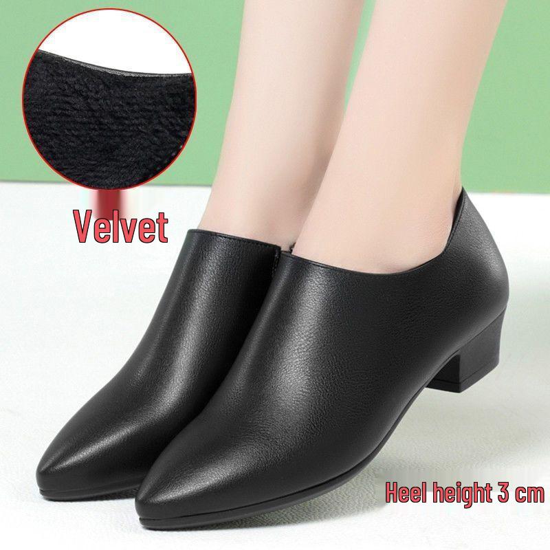 Women's Black Genuine Leather Fleece-Lined Work Shoes - Soft Sole, Wear-Resistant, Low Heel for Autumn/Winter