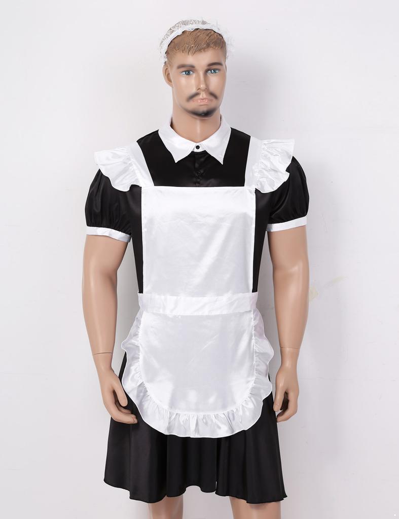 Men's Frilly Satin Flutter Sissy French Maid Dress Costume Crossdress Nightwear Pajamas
