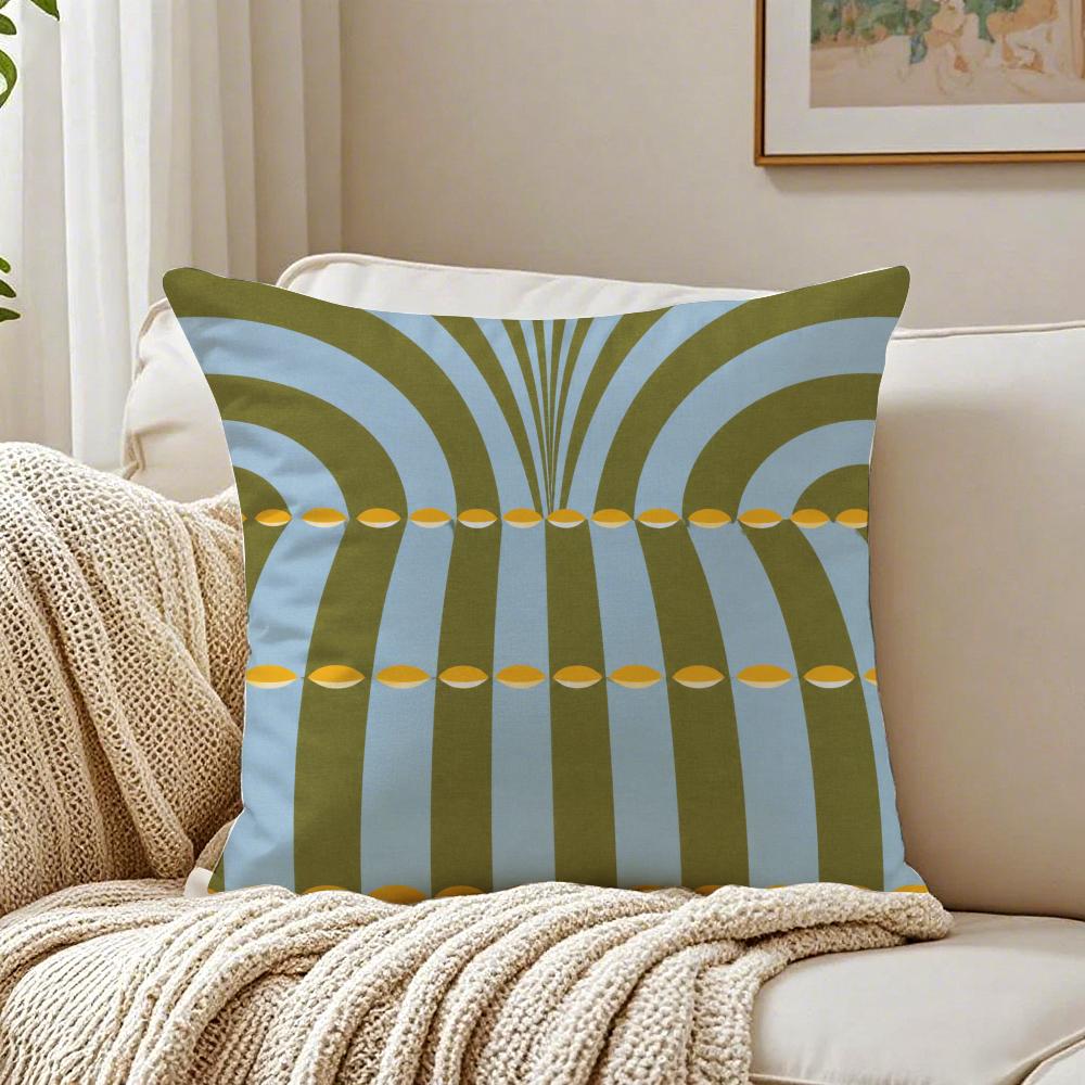 Khaki Turquoise Block Print Pillow Case Double-Sided Plush Sofa Cushion Covers Organic Breathable Invisible Zipper