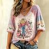 Women's V-Neck Three-Quarter Sleeve Printed Blouse Casual Top for Everyday Wear