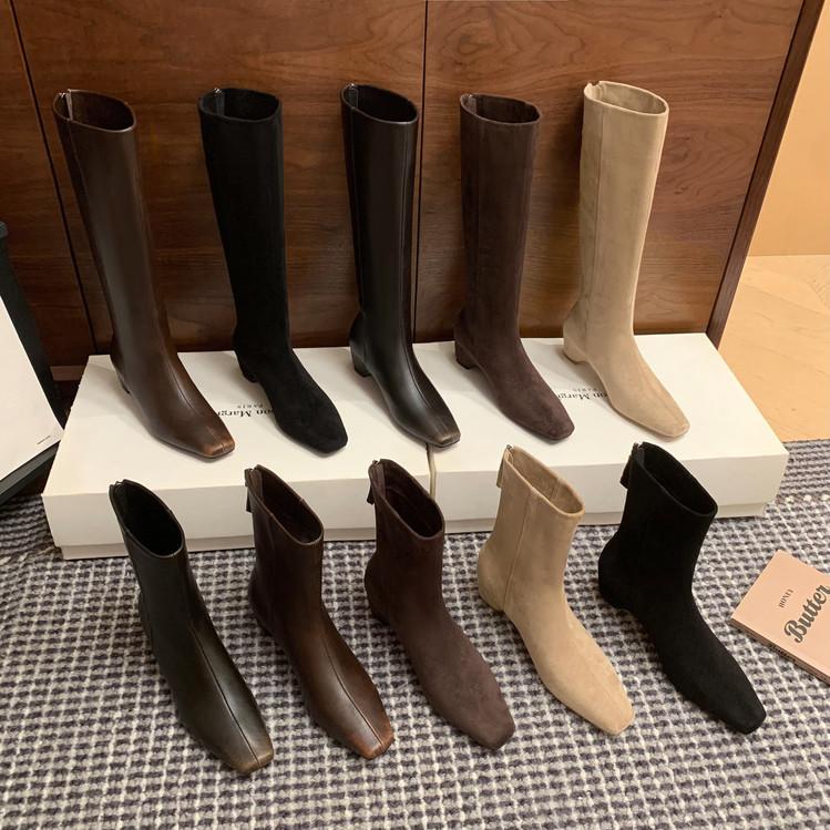 Inside and Outside Full Leather Square Head Rear Zipper Chelsea Boots Cowhide European and Korean Simple Retro Inner Height-increasing Short Boots W