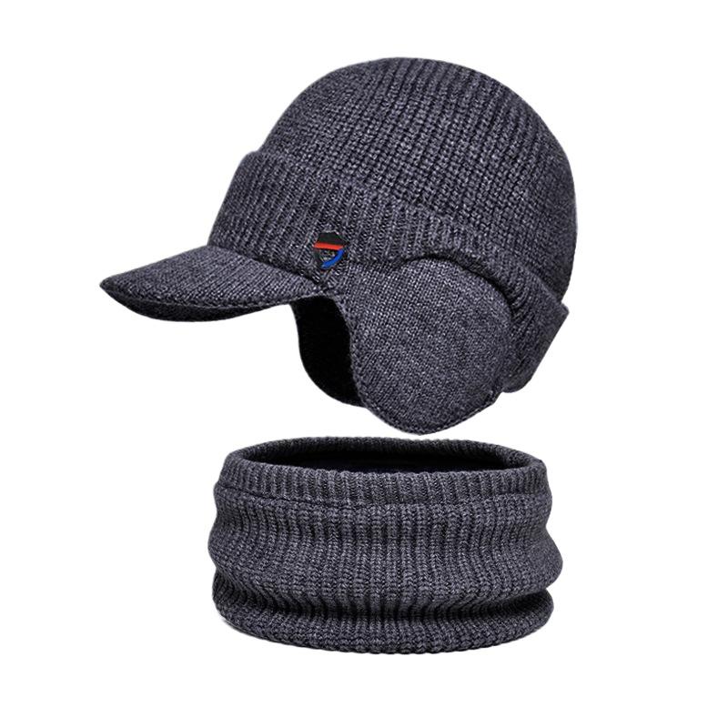 Winter warm ear protection hat scarf set plush wool hat men's European and American pullover knitted hat