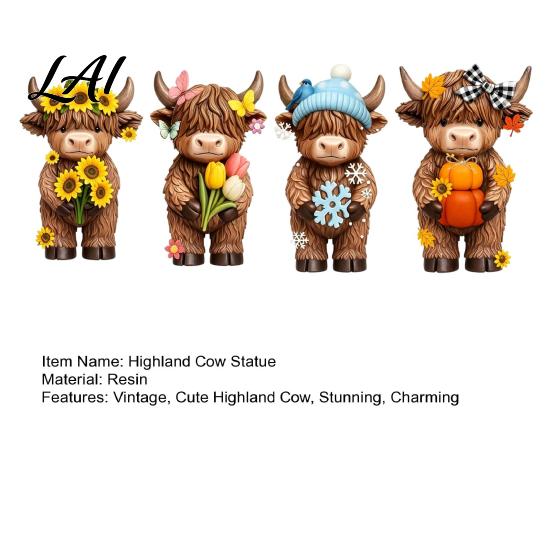 Hand Painted Highland Cattle 4 Pcs Seasonal Cow Figurines Spring Summer Fall Winter Rustic Shelf Accent Seasons Scottish Statue Resin Table