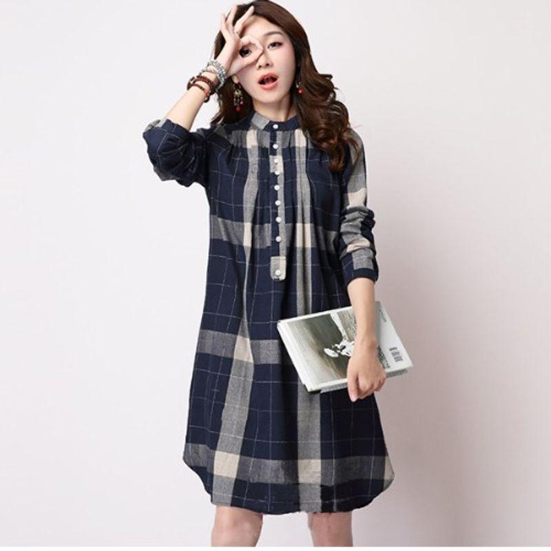

Korean Style Artistic Retro Autumn New Fashion Plus size Stand Collar Single-Breasted Plaid Mid-Length Long sleeve Shirts Top Dark Blue L