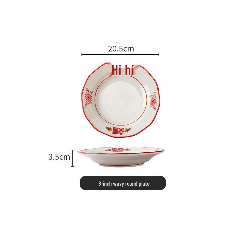 Set di Piatto Rotondo Rosso Ceramica Retrò Doppia Felicità - Piatto Basso, Piatto Piatto, Piatto per Hot Pot, Piatto per Carne, Piatto per Salsa e Piatto per Pesce per Tavola da Ristorante.