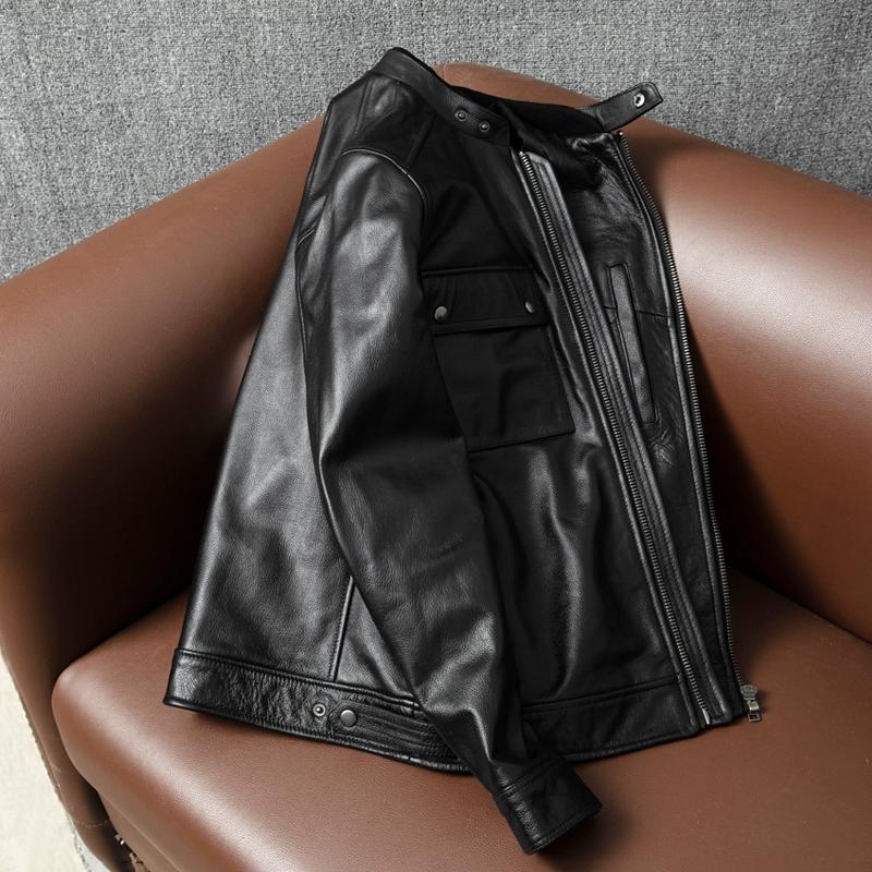 Genuine Leather Jacket Men European Style Stand Collar Biker Coat Casual Large Size