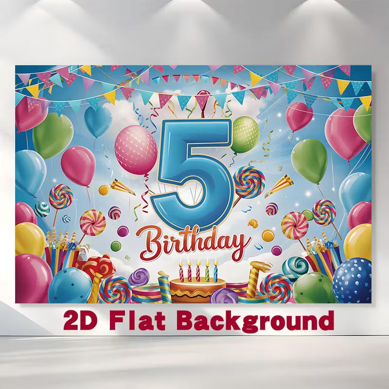 2D 5th Birthday Backdrop with Balloons Lollipop and Cake Kids Party Background