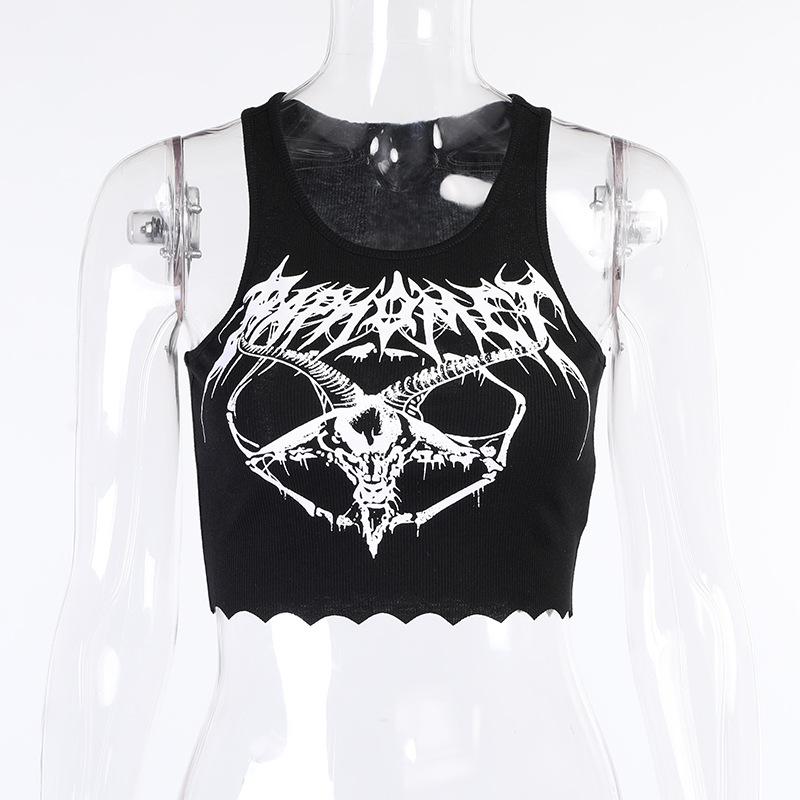 Gothic Knitted Punk Black Tank Tops Mall Goth Grunge Goat Print Harajuku Women Crop Tops