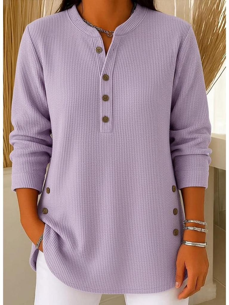 2025 Autumn/Winter Women's Solid Color Loose V-Neck Button Long Sleeve Casual Top