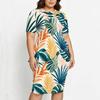 Women Plus Size Round Neck Short Sleeve Tropical Print Asymmetric Top Fitted Skirt Two Piece Set