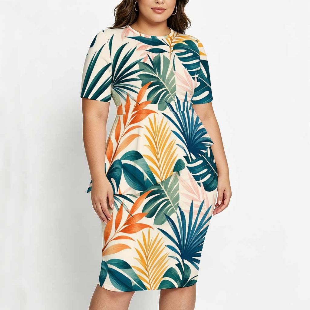 Women Plus Size Round Neck Short Sleeve Tropical Print Asymmetric Top Fitted Skirt Two Piece Set
