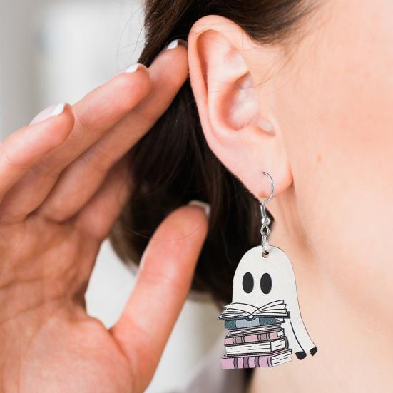 Halloween Ghost Earrings Wood Ghost Holding Book Earrings Halloween Party Jewelry for Women Makeup And Everyday Wear
