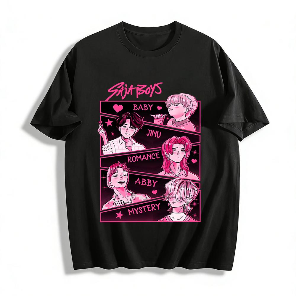 Saja Boys Group Print Tee Baby Jinu Romance Abby Mystery Graphic Top For K-pop Fans Pure cotton T-shirt XXS