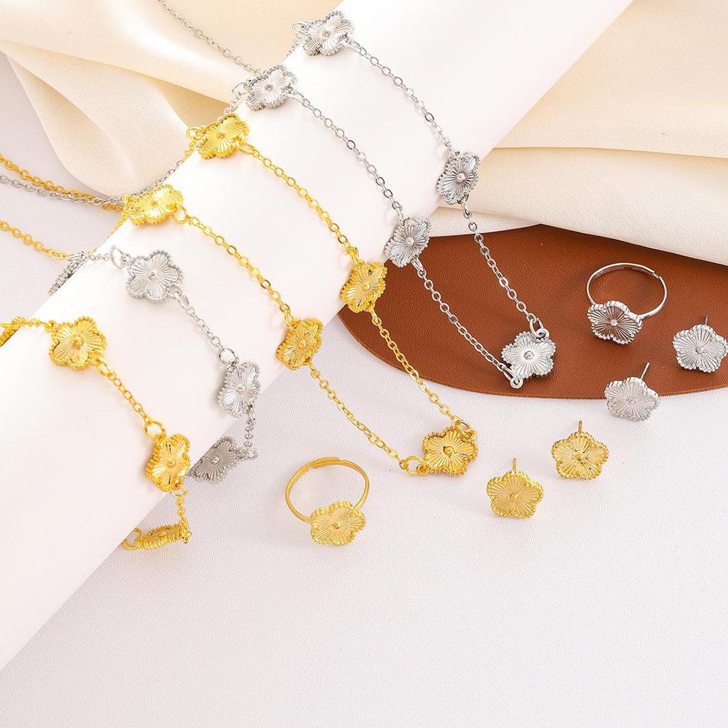 Lucky Five-Leaf Clover Jewelry Set: Necklace, Bracelet, Earrings, and Ring – Elegant European & American Style for Women